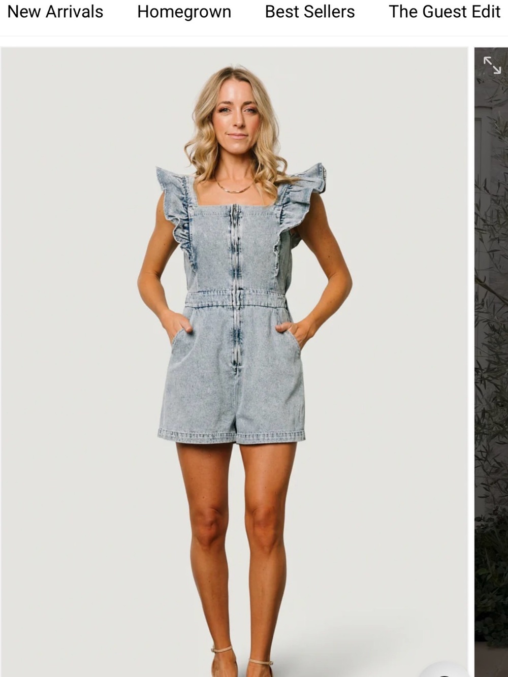 Baltic Born Light Wash Denim Ruffle-Shoulder Romper